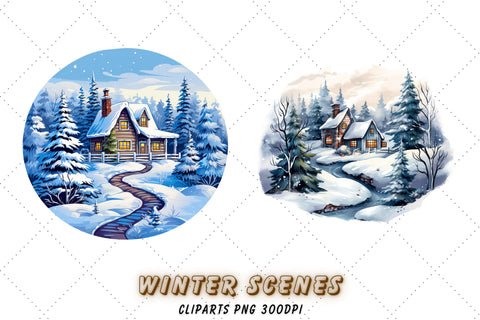 Dreamy Winter Landscape, watercolor winter scenery, magical winter clipart, winter scene, deer, winter png graphics, houses, download Sublimation FloridPrintables 