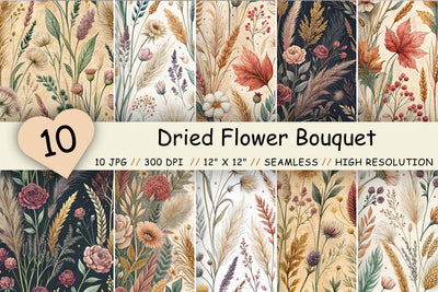 Dried Flower Bouquet Digital Paper, Seamless Watercolor Pattern Bundle, Printable Scrapbook Paper, Boho Pampas Design Collection Digital Pattern FloridPrintables 