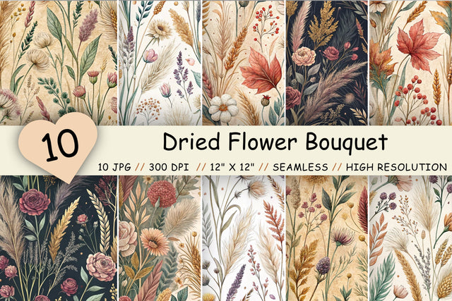Dried Flower Bouquet Digital Paper, Seamless Watercolor Pattern Bundle, Printable Scrapbook Paper, Boho Pampas Design Collection Digital Pattern FloridPrintables 
