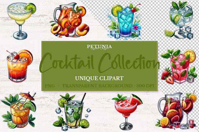 Drink Cocktail PNG Bundle | Watercolor Clipart Bundle Sublimation Petunia Digital Design 