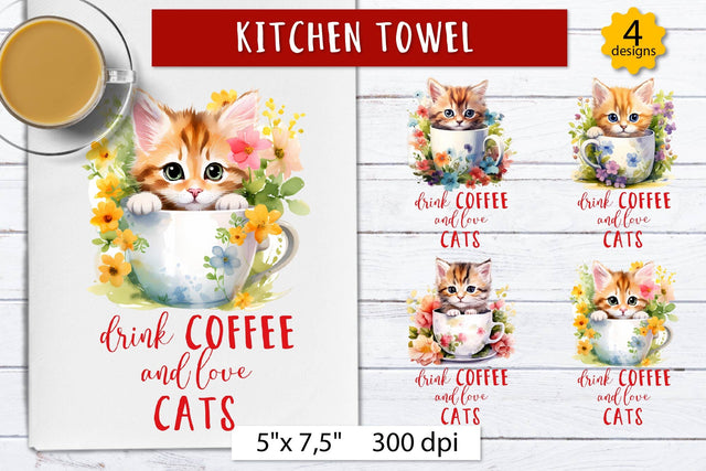 Drink coffee, love cats, Funny Kitchen towel design Sublimation Olga Boat Design 