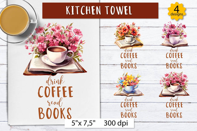 Drink coffee read books | Funny Kitchen towel sublimation Sublimation Olga Boat Design 
