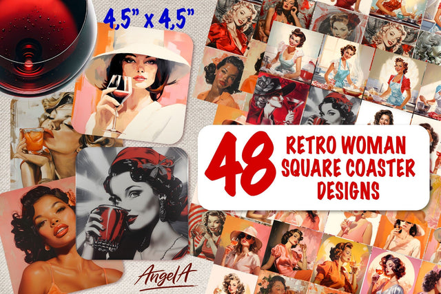 Drink square coaster sublimation bundle / retro woman png Sublimation Angelina Semenova 