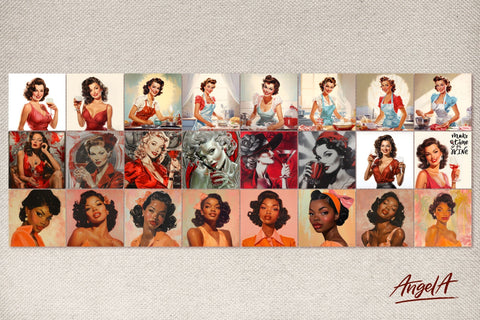 Drink square coaster sublimation bundle / retro woman png Sublimation Angelina Semenova 