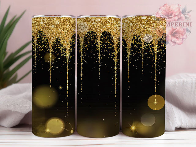 Dripping Gold Black Glitter Tumbler, Black Glitter Wrap, Gold Drip Sublimation Design, 20oz Glitter Black Tumbler, Elegant Gold Art, Glamorous Glitter Mug, Whimsical Gold Cup Sublimation Li Zamperini 