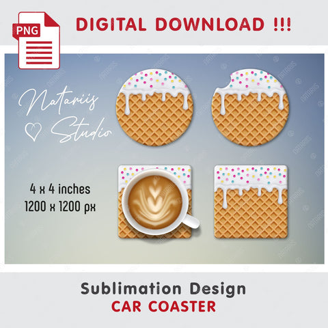 Dripping Ice Cream Wafer Design. Coaster Sublimation. Sublimation Natariis Studio 