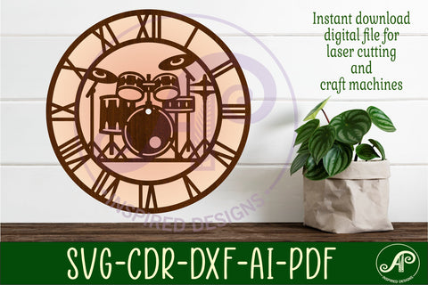 Drum kit wall clock laser cut files SVG APInspireddesigns 