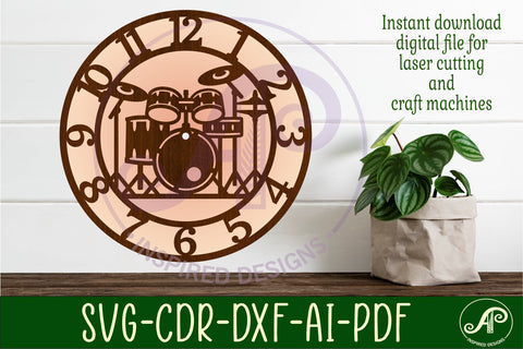 Drum kit wall clock laser cut files SVG APInspireddesigns 