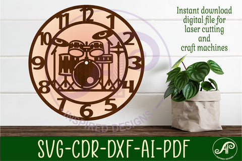 Drum kit wall clock laser cut files SVG APInspireddesigns 