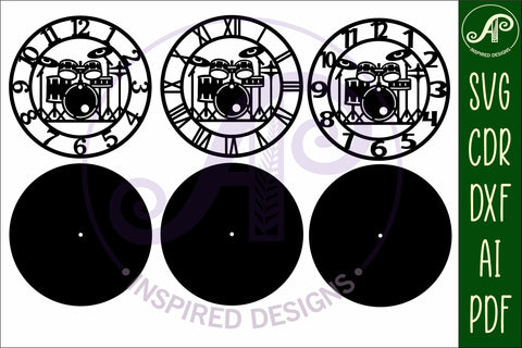 Drum kit wall clock laser cut files SVG APInspireddesigns 