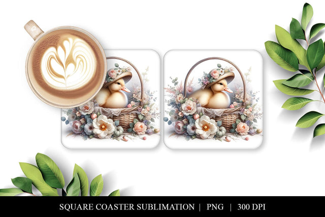 Duck Square Coaster | Spring Floral Sublimation PNG Sublimation BijouBay 