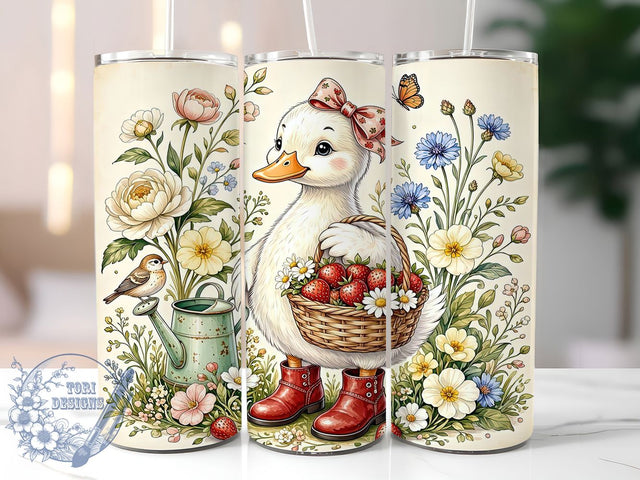 Duckling Strawberry Bloom Glow 20oz Tumbler, Duckling Motif, Strawberry Theme, Bloom Design, Glow Effect, Cute Charm, Skinny Tumbler, Sublimation PNG Sublimation ToriDesigns 