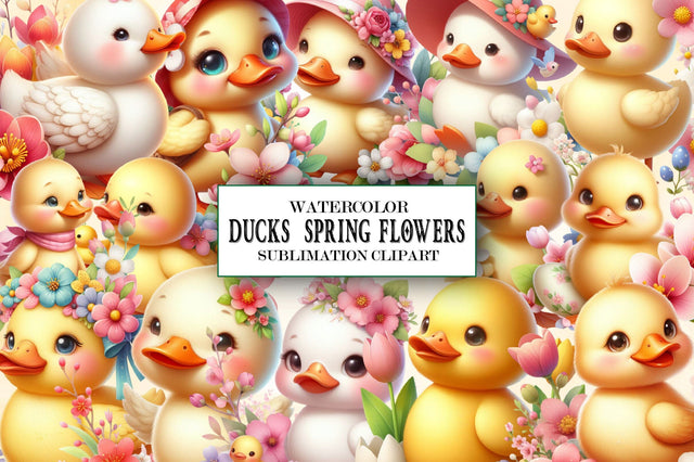 Ducks Clipart, Spring Flowers Clipart Sublimation SVGista 