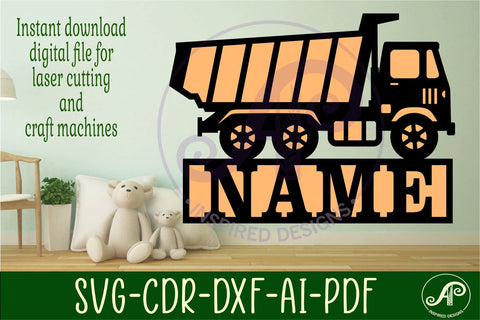 Dump truck construction vehicle name sign svg laser cut SVG APInspireddesigns 