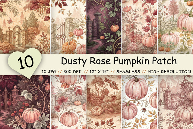 Dusty Rose Pumpkin Patch Toile Paper, Seamless Watercolor Pattern Bundle, Printable Scrapbook Paper, Romantic Autumn Design Collection Digital Pattern FloridPrintables 