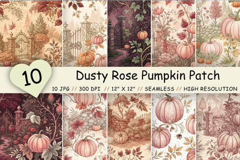 Dusty Rose Pumpkin Patch Toile Paper, Seamless Watercolor Pattern Bundle, Printable Scrapbook Paper, Romantic Autumn Design Collection Digital Pattern FloridPrintables 