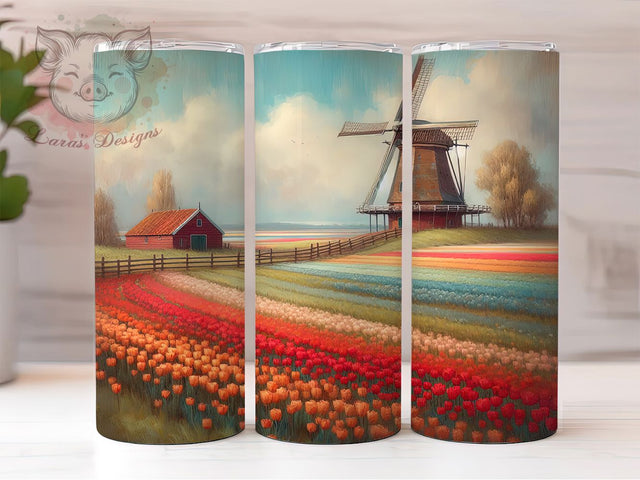 Dutch Spring Windmill Floral Tumbler Wrap, Spring Windmill Design, European Flower Art, Holland Theme Cup, Watercolor Floral Gift, Countryside Wrap, Netherlands Sublimation Sublimation Lara' s Designs 