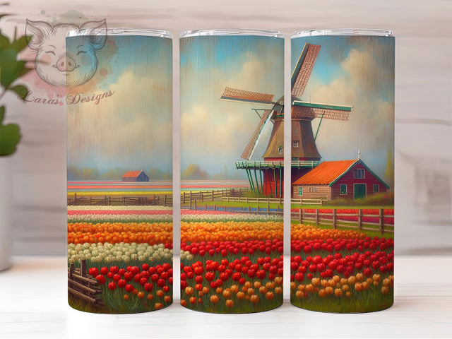 Dutch Spring Windmill Floral Tumbler Wrap, Spring Windmill Design, European Flower Art, Holland Theme Cup, Watercolor Floral Gift, Countryside Wrap, Netherlands Sublimation Sublimation Lara' s Designs 