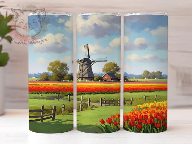 Dutch Spring Windmill Floral Tumbler Wrap, Spring Windmill Design, European Flower Art, Holland Theme Cup, Watercolor Floral Gift, Countryside Wrap, Netherlands Sublimation Sublimation Lara' s Designs 