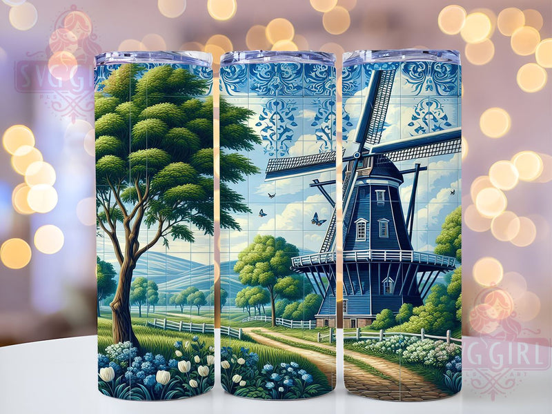 Dutch Windmill, Blue Tile Art, 20oz Tumbler Wrap, Sublimation PNG, Vintage Dutch Design, Digital Download, Delft Blue Tumbler Sublimation SvggirlplusArt 