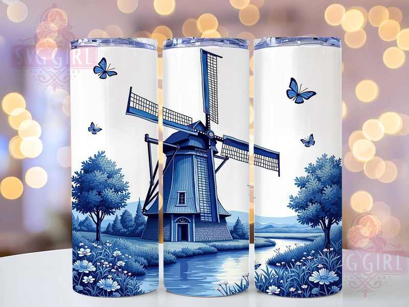 Dutch Windmill, Blue Tile Art, 20oz Tumbler Wrap, Sublimation PNG, Vintage Dutch Design, Digital Download, Delft Blue Tumbler Sublimation SvggirlplusArt 