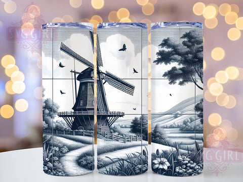Dutch Windmill, Blue Tile Art, 20oz Tumbler Wrap, Sublimation PNG, Vintage Dutch Design, Digital Download, Delft Blue Tumbler Sublimation SvggirlplusArt 