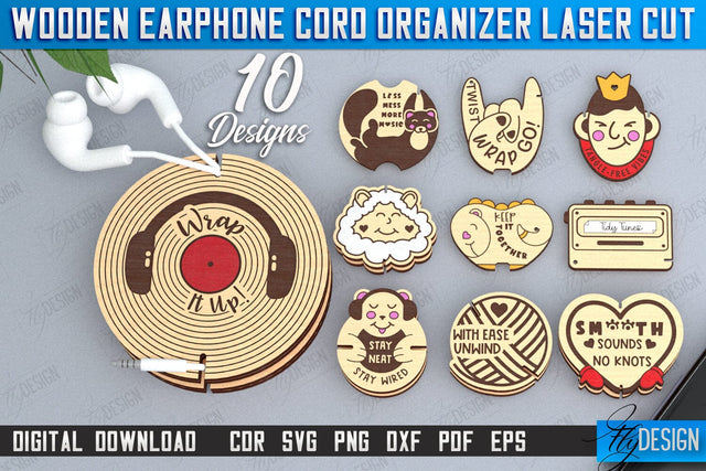 Earphone Cord Organizer Laser Cut Bundle | Gadget Accessories | Winder Earphone Cord Organizer | CNC Files SVG Fly Design 