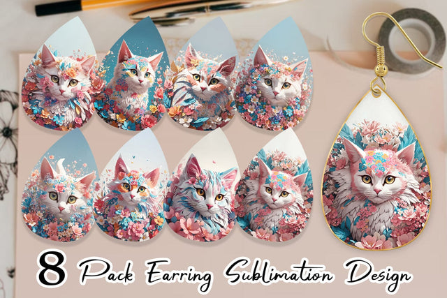 Earring 3D Cat with Flower Fantasy Sublimation artnoy 