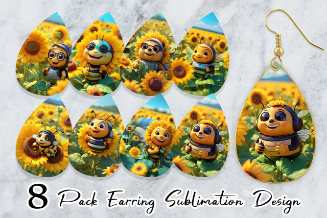 Earring 3D Cute Bee Sunflowers Sublimation artnoy 