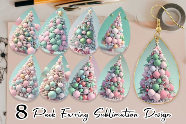 Earring 3D Tree Christmas Pastel Sublimation artnoy 