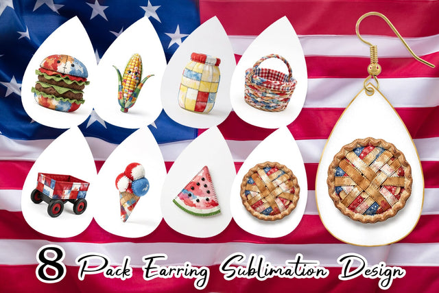 Earring 4th July Picnic Patchwork Watercolor Sublimation artnoy 
