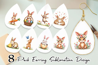 Earring Adorable Fluffy Easter Bunnies Watercolor Sublimation artnoy 