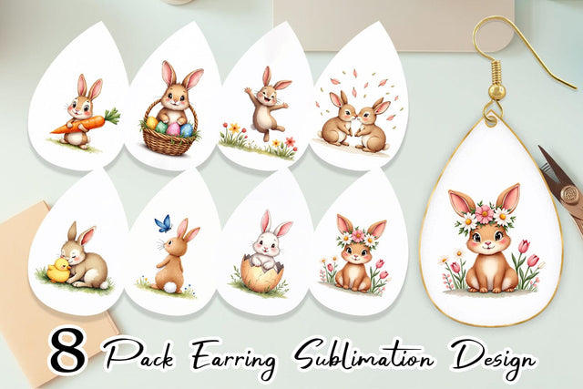 Earring Adorable Fluffy Easter Bunnies Watercolor Sublimation artnoy 