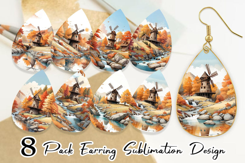 Earring Autumn Windmill Landscape Sublimation artnoy 