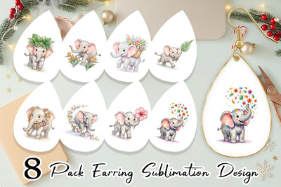 Earring Baby Elephant Floral Parade Watercolor Sublimation artnoy 