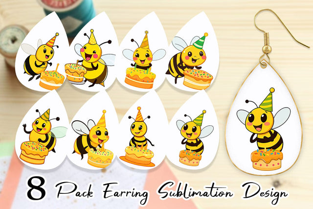 Earring Bee with Birthday Cake Sublimation artnoy 