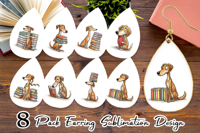 Earring Bibliophile Dog Book Stack Watercolor Sublimation artnoy 