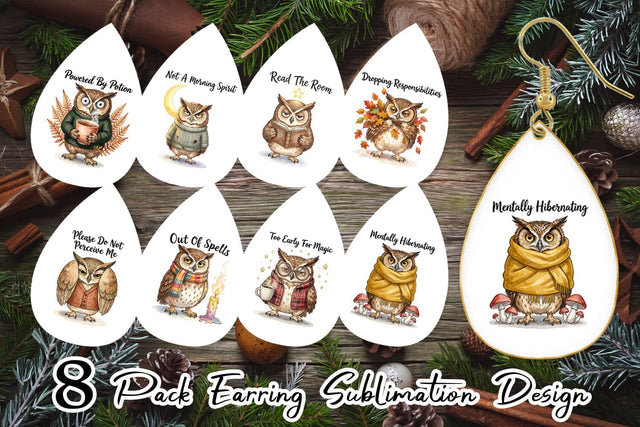 Earring Burnt Out Owl Whimsigoth Watercolor Sublimation artnoy 