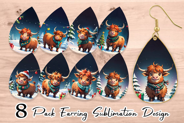 Earring Cartoon Christmas Highland Cow Sublimation artnoy 