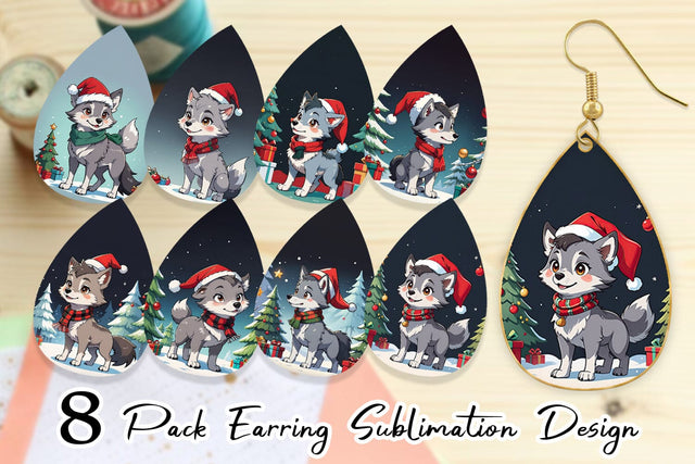 Earring Cartoon Christmas Wolf Sublimation artnoy 