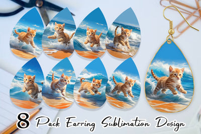 Earring Cat Running on the Beach Sublimation artnoy 
