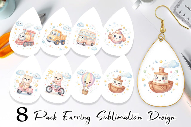 Earring Cheerful Nursery Vehicle Watercolor Sublimation artnoy 
