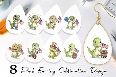 Earring Chibi Patriotic Parade Dino Watercolor Sublimation artnoy 