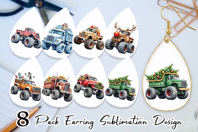 Earring Christmas Monster Truck Sublimation artnoy 