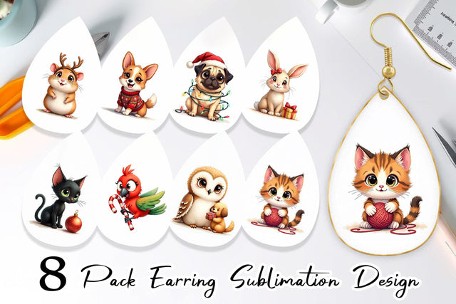 Earring Cozy Christmas Pets Vintage Watercolor Companions Sublimation artnoy 