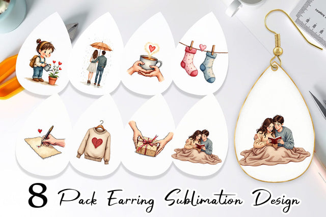 Earring Cozy Valentine Moments Watercolor Illustrations Sublimation artnoy 