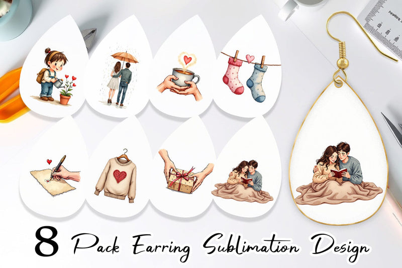 Earring Cozy Valentine Moments Watercolor Illustrations Sublimation artnoy 