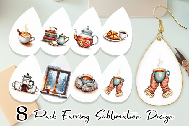 Earring Cozy Winter Cafe Watercolor Sublimation artnoy 