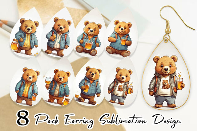 Earring Cute Bear with Glass Sublimation artnoy 