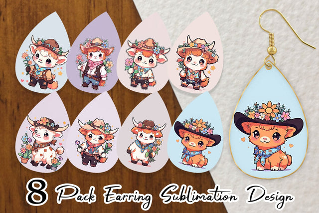 Earring Cute Highland Cow Cowboy Sublimation artnoy 